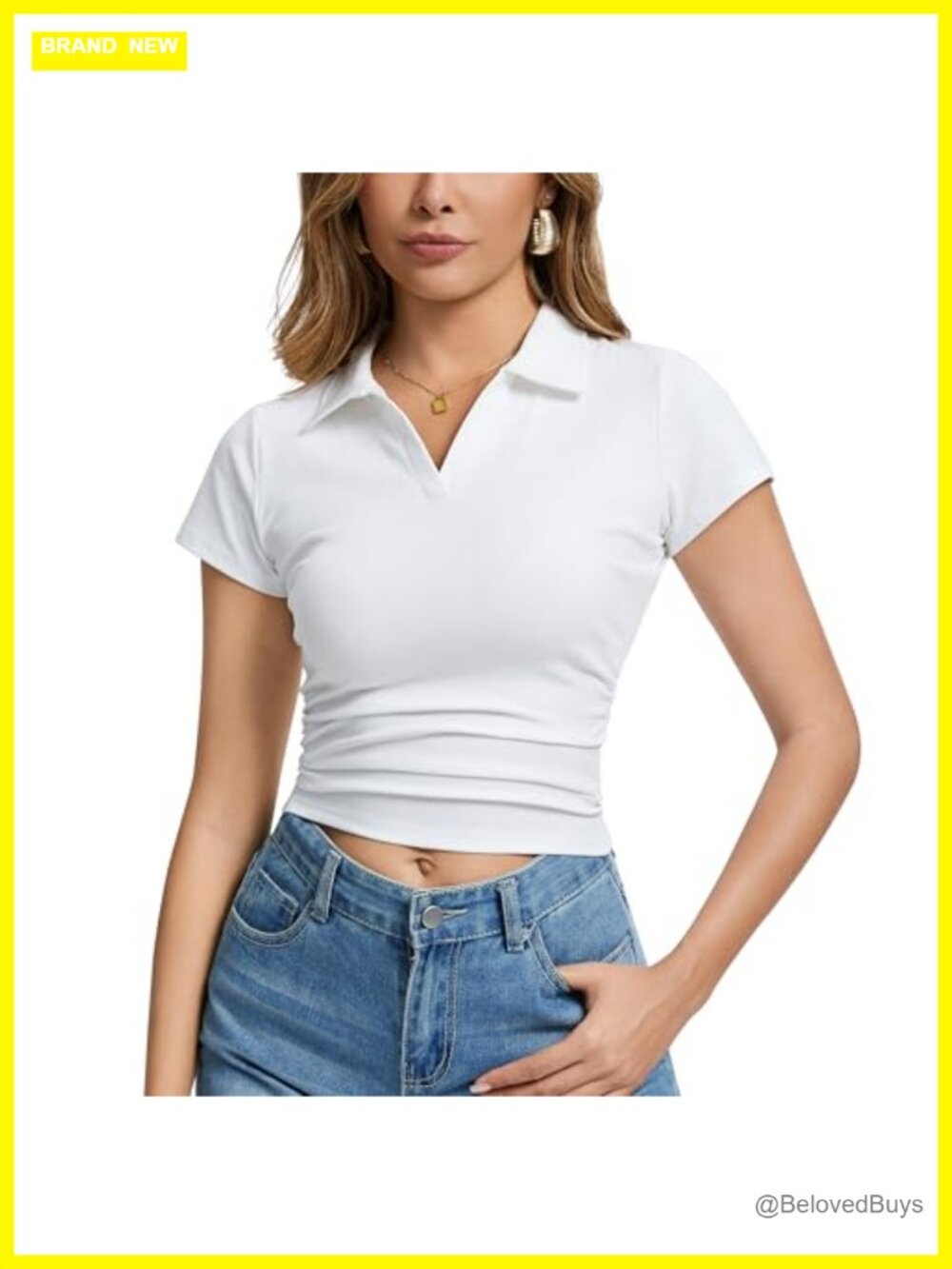 V Neck Collared Short Sleeve Knit T Shirt Slim Fitted Summer Casual Top